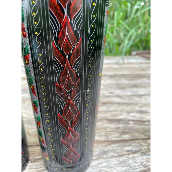 Vintage Pair Black Lacquer Wood Vases Red Etched Flowers 10" - Picture 15 of 16